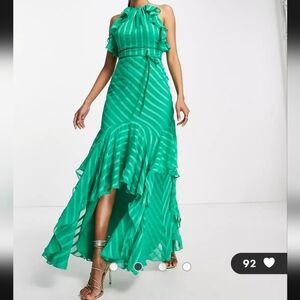 Asos design satin stripe halter neck high low dress.